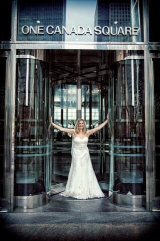 Bride posing at Canary Wharf London wedding image