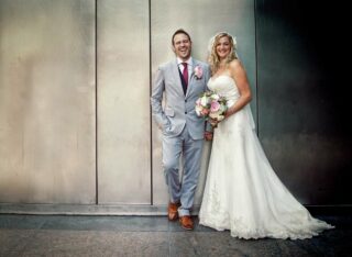Laughter at Canary Wharf London wedding