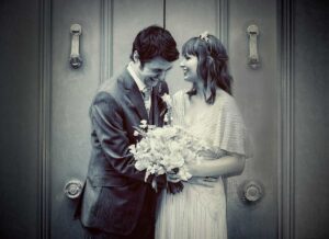 Photo of couple laughing at central London wedding