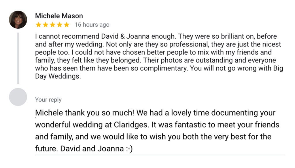 Google review Claridges Big Day Weddings