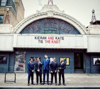 Islington Screen on the Green wedding cinema groomsmen in front