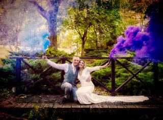 Bride and groom with smoke bombs at Essendon Country Club Wedding