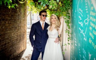 Bride and groom in sunshine after Islington Town Hall Wedding