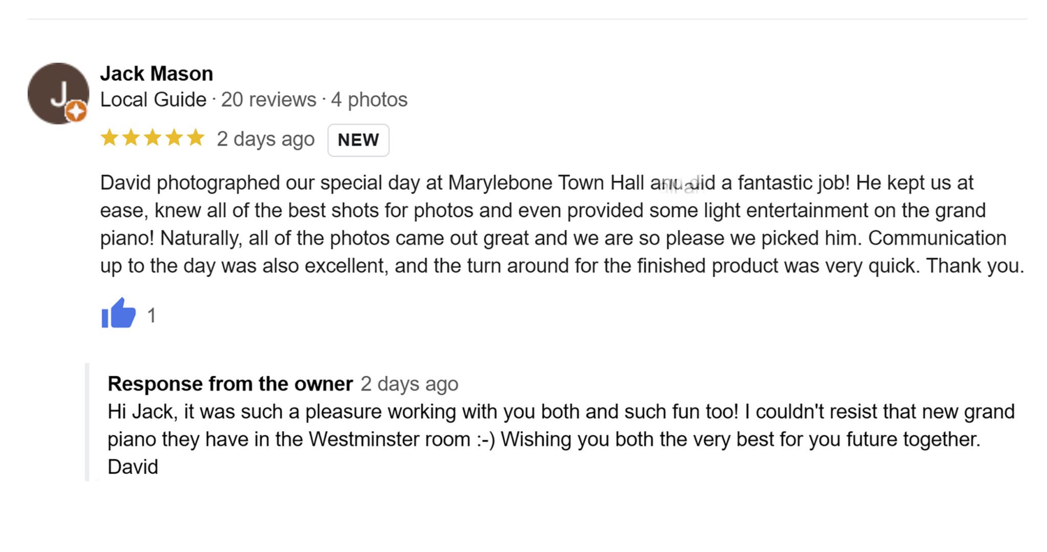 Google review Big Day Weddings Old Marylebone Town Hall