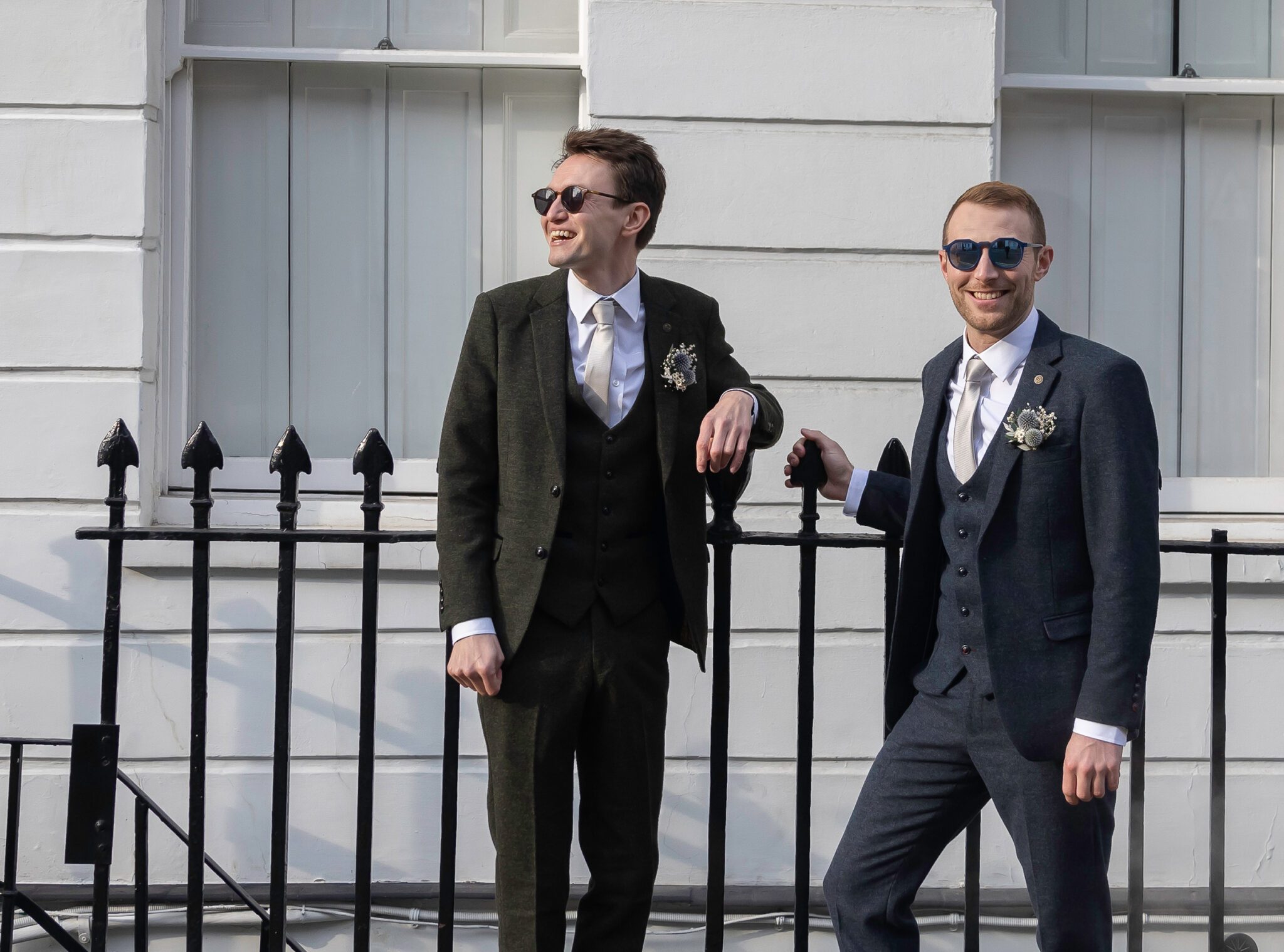 Two grooms with sunglasses Old Marylebone Town Hall wedding