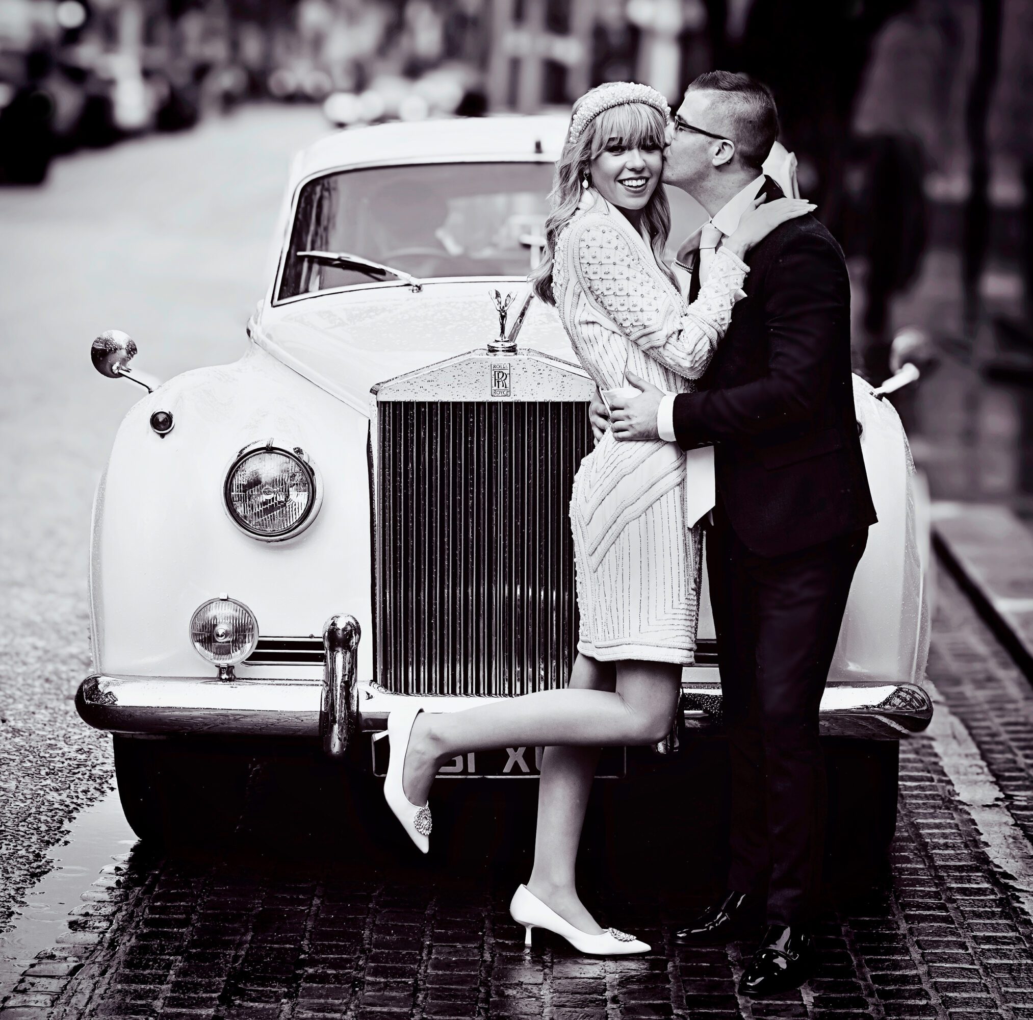 Chelsea Old Town Hall Wedding couple with Vintage Rolls Royce Kings Road