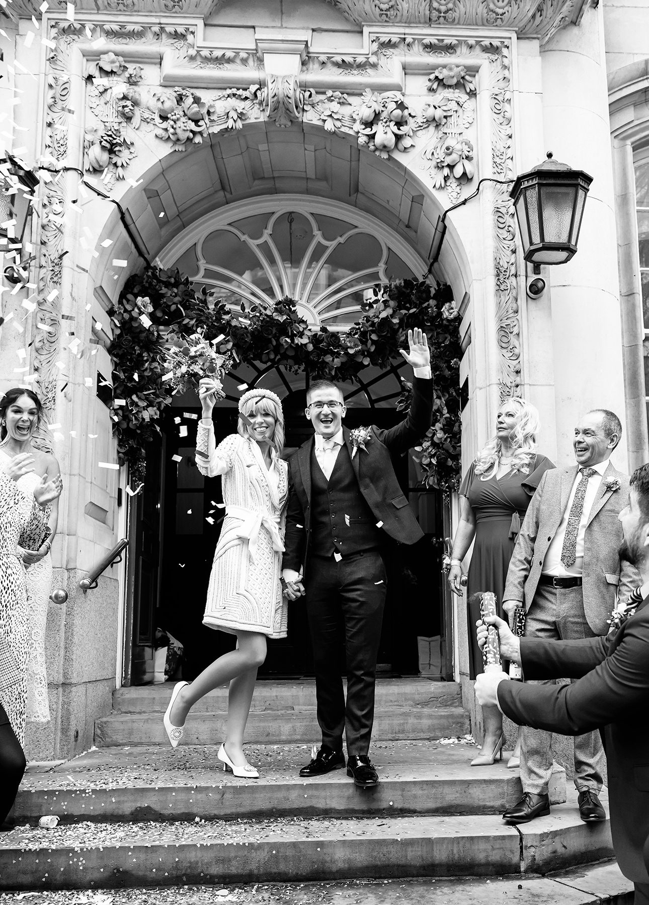 Confetti throw black and white Chelsea Old Town Hall wedding