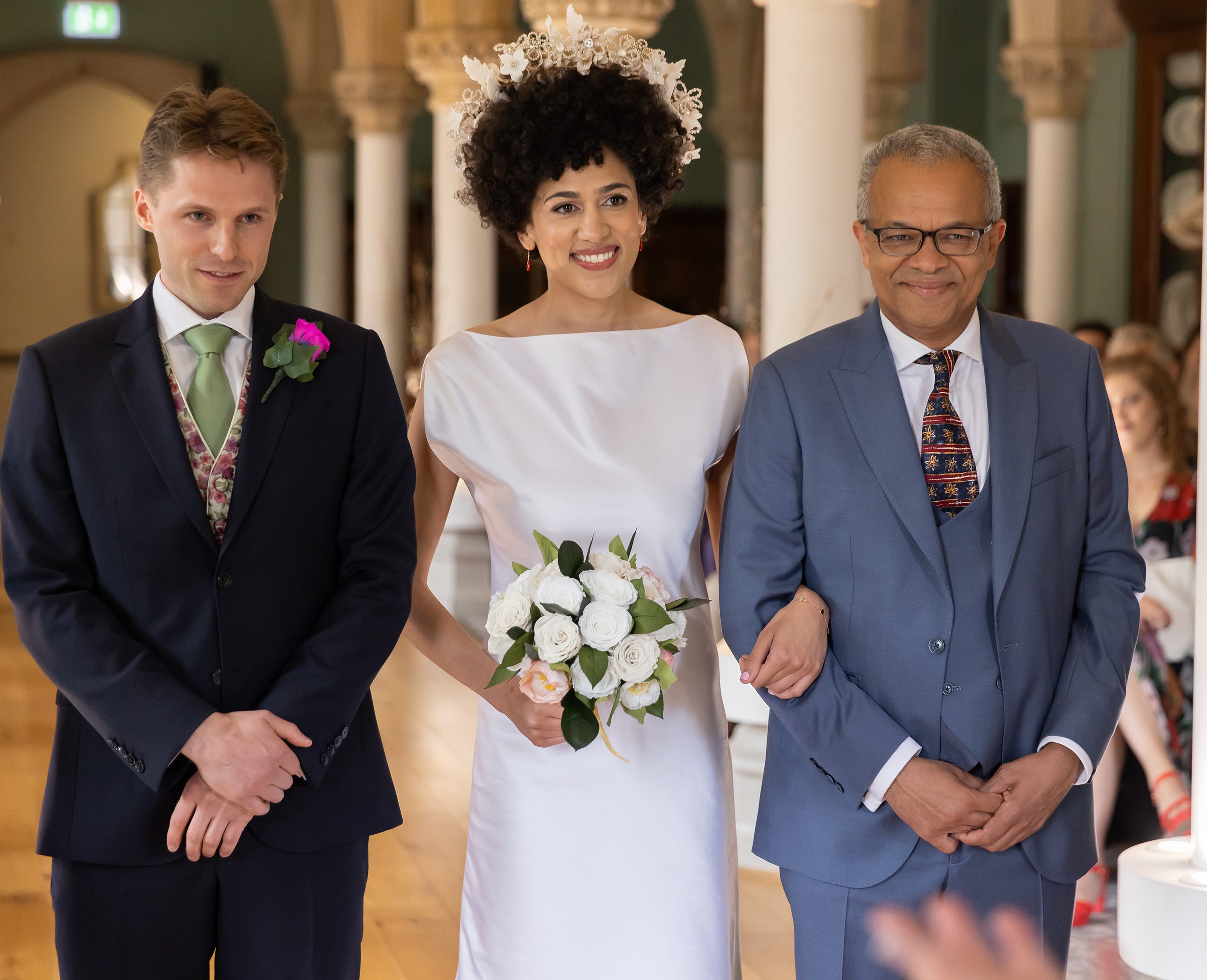 Bride father and groom at Wotton House wedding ceremony