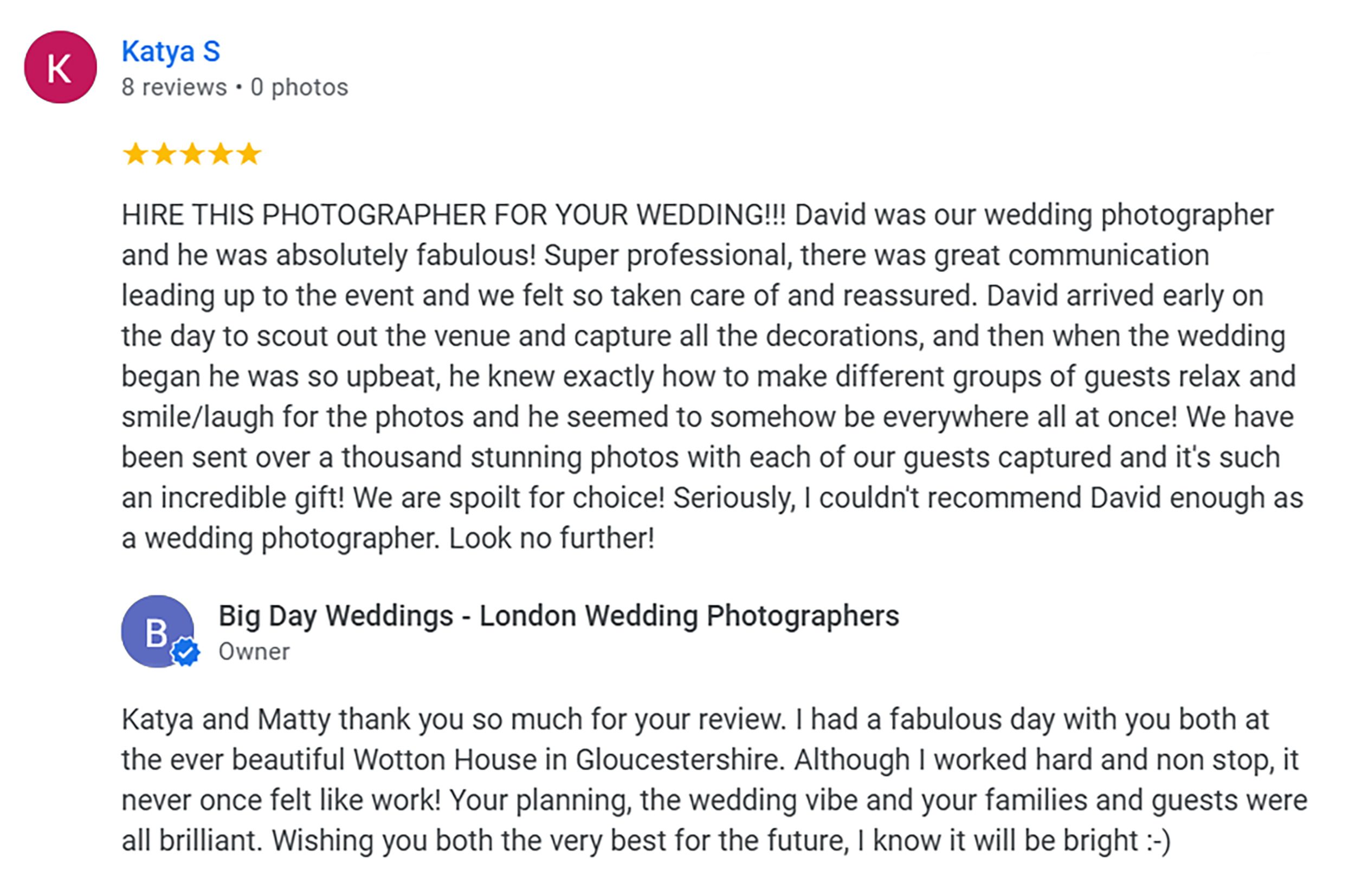 Google review for Big Day Weddings at Wotton House