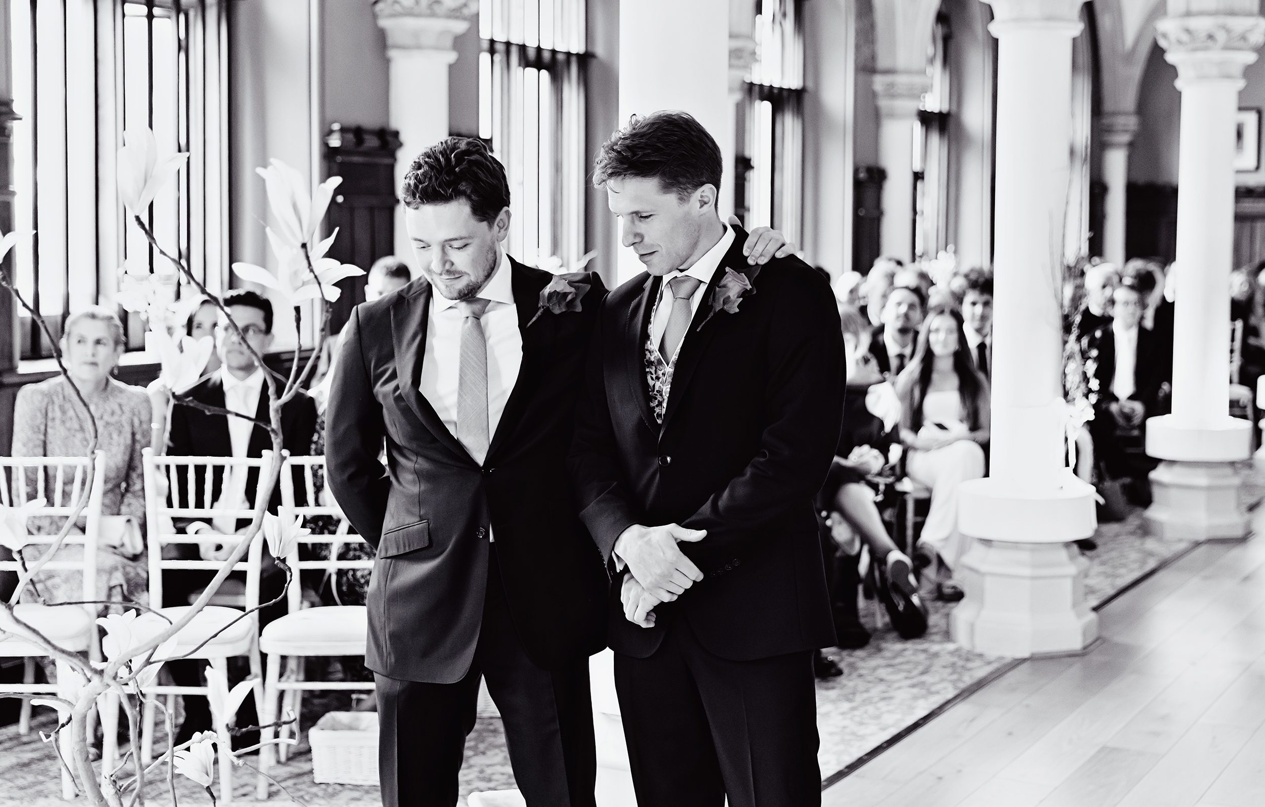 Broom and best man waiting for bride at Wotton House wedding