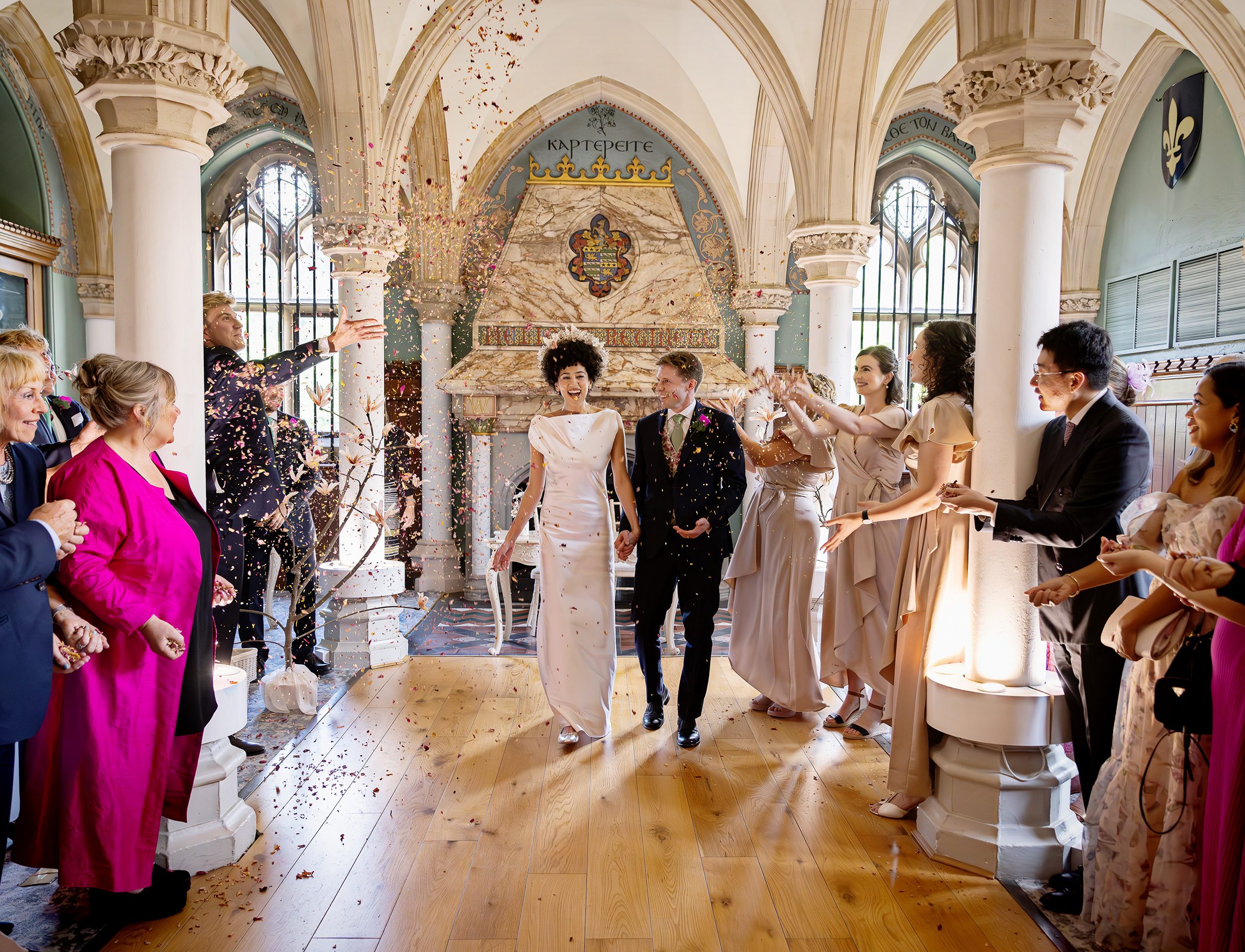 Indoor confetti throw at Wotton House wedding ceremony