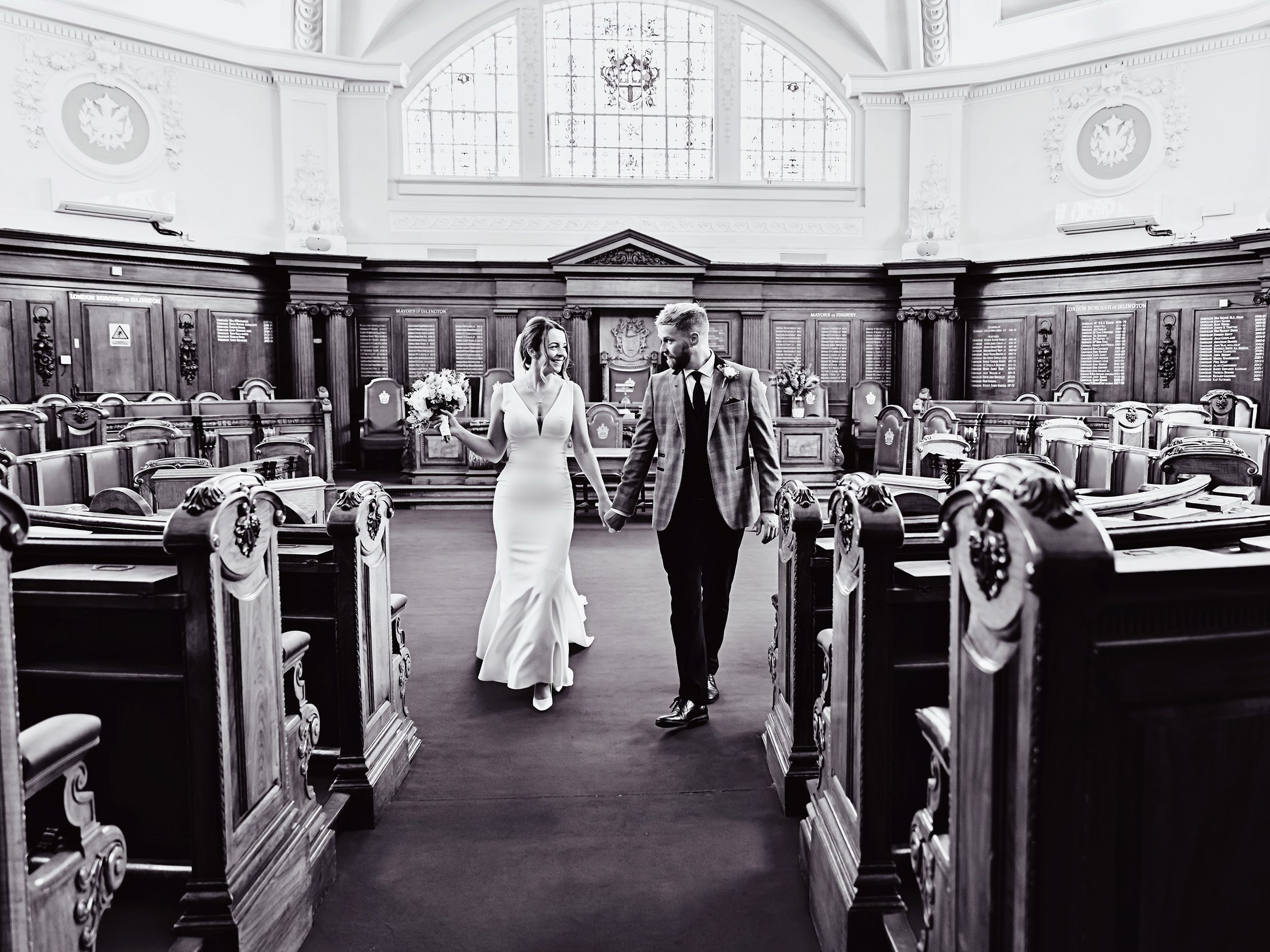 Bride and groom in Islington Town Hall Council Chamber image