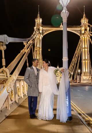 Bride and groom on Albert Bridge Chelsea Town Hall wedding