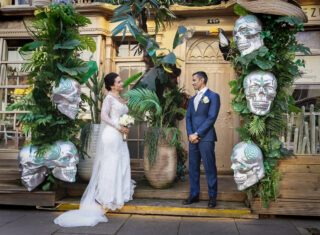 Bride and groom skulls Chelsea Old Town Hall