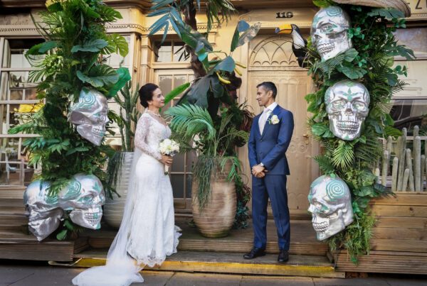 Bride and groom skulls Chelsea Old Town Hall