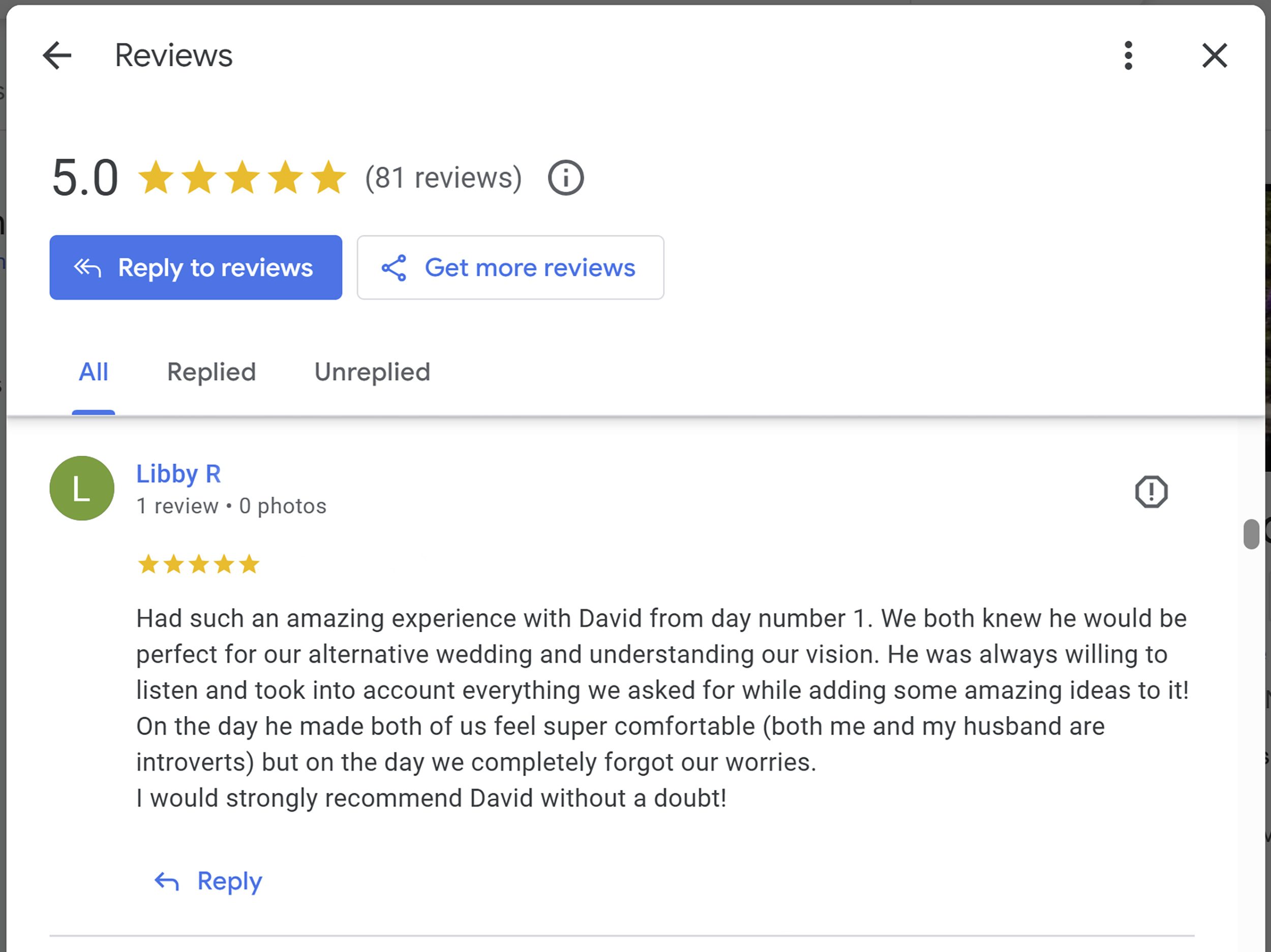 Google review Hall Place Wedding Photographer