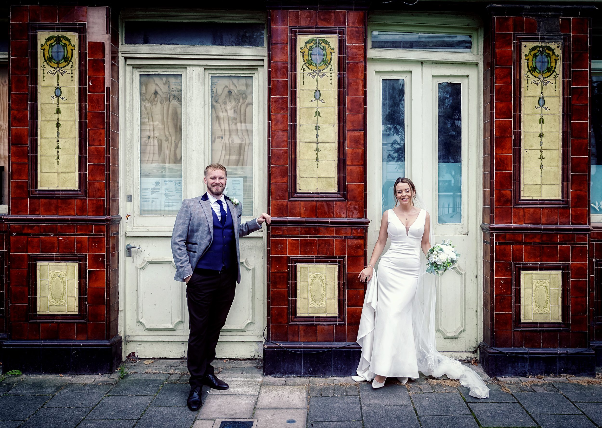 Islington Town Hall bride and groom outside London pub