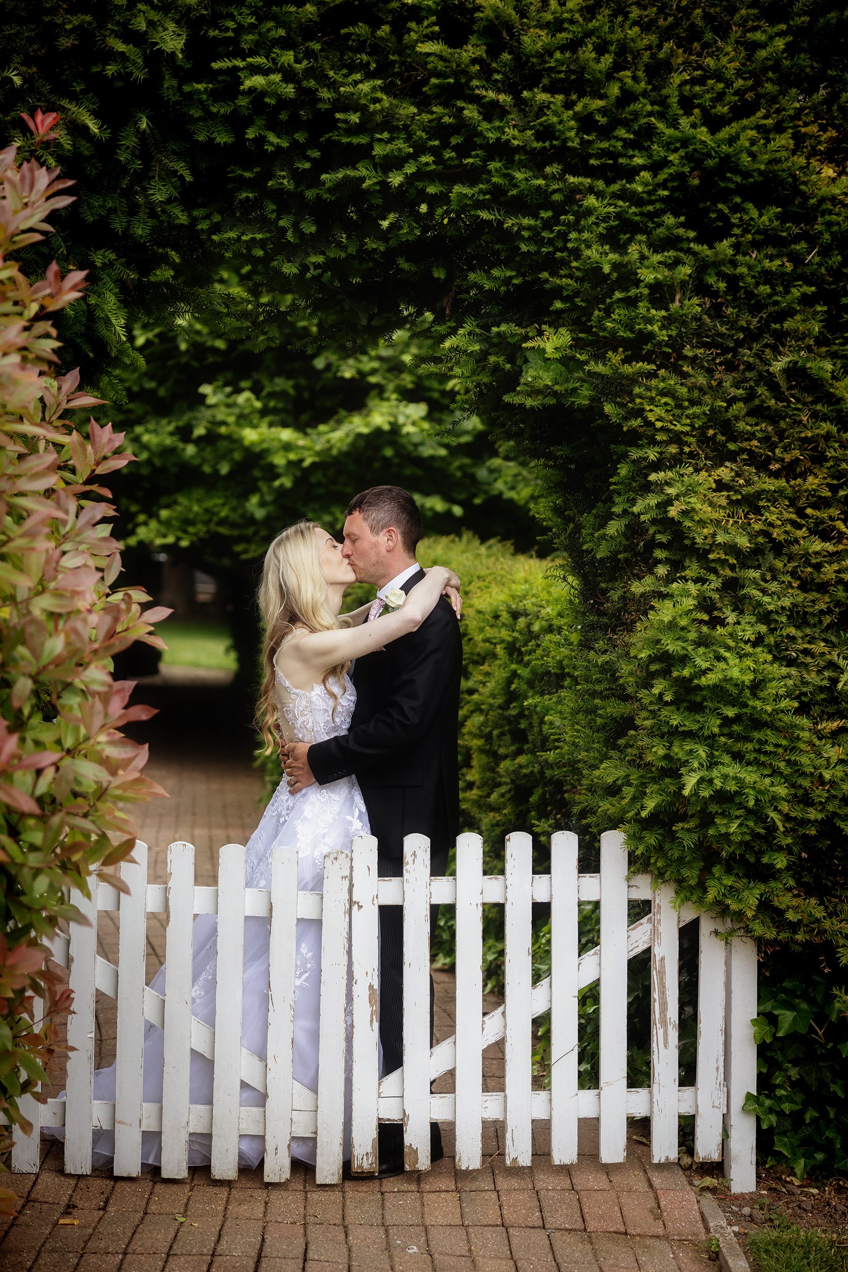 Bride and groom kiss outside River Marquee Reception Bray