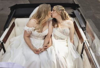 Two London Brides in car The Brewery Wedding