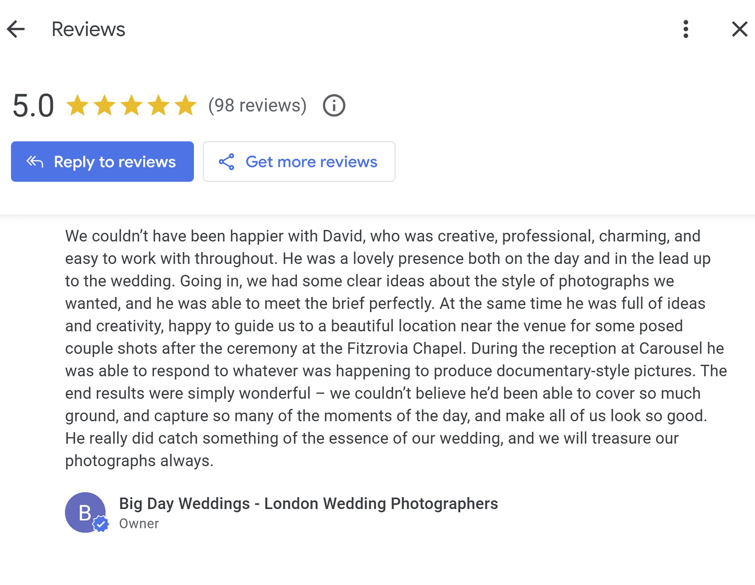 Google review for Fitzrovia Chapel Wedding Photographer
