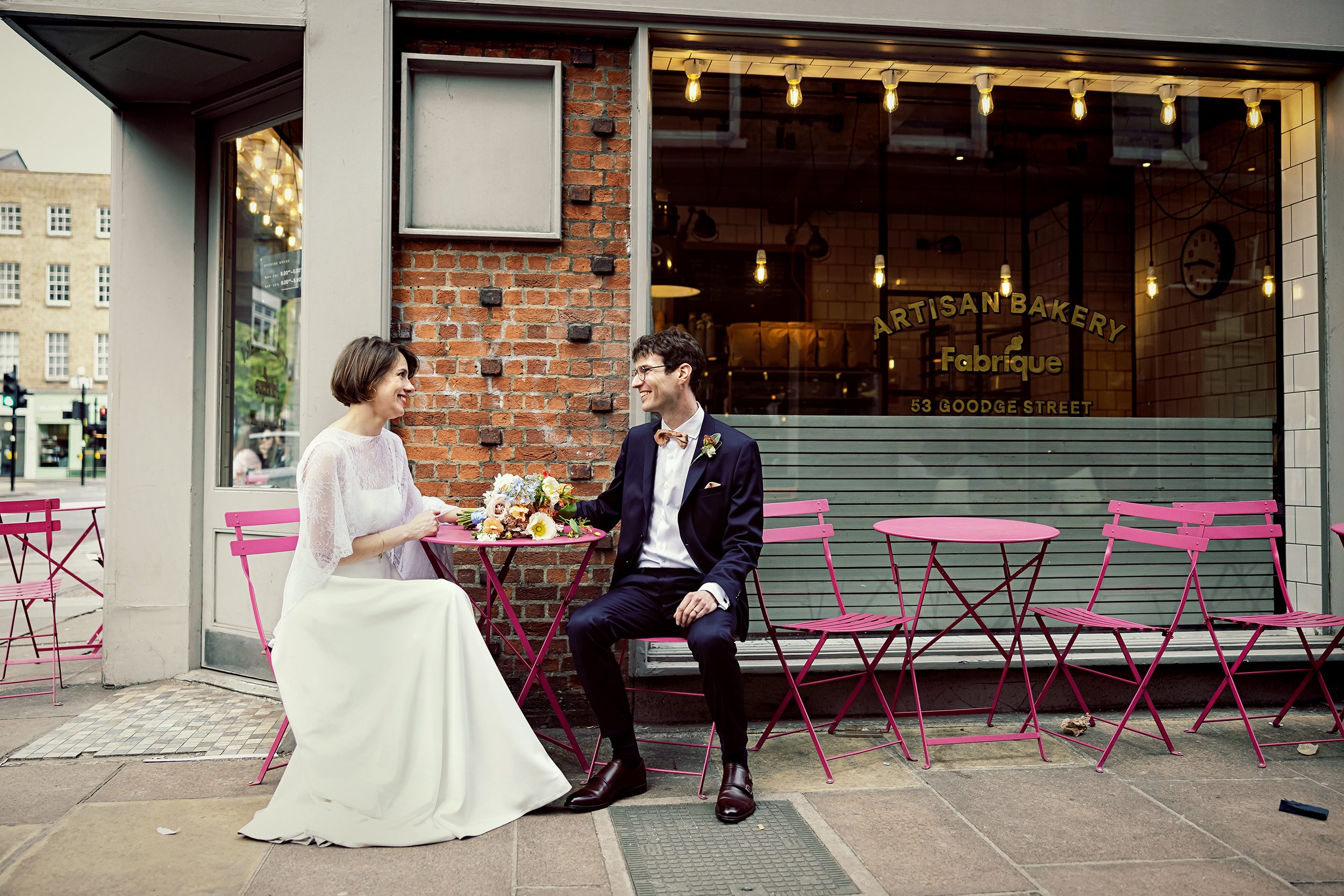 London wedding couple outside Fitzrovia Bakery