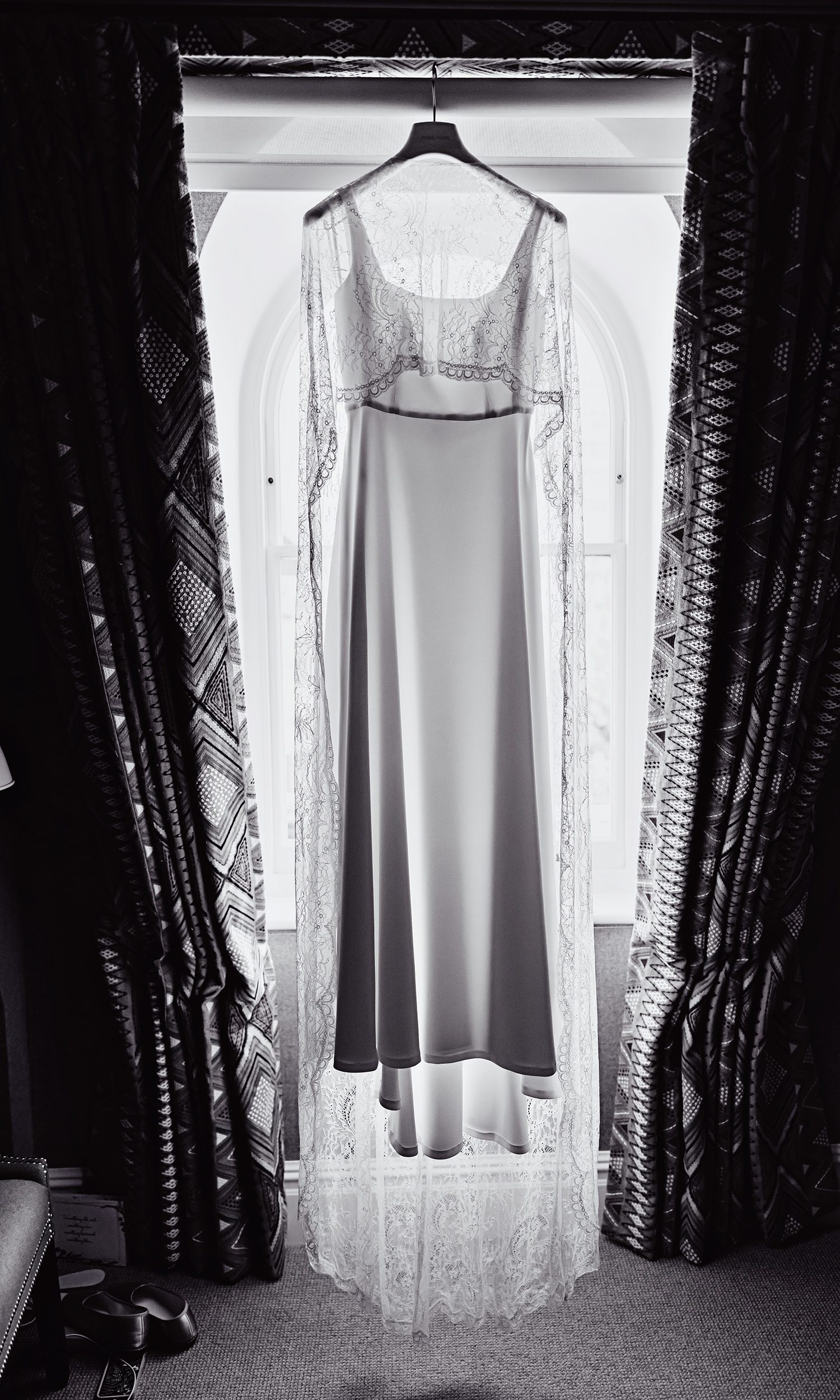 Wedding dress hanging at Charlotte Street Hotel London