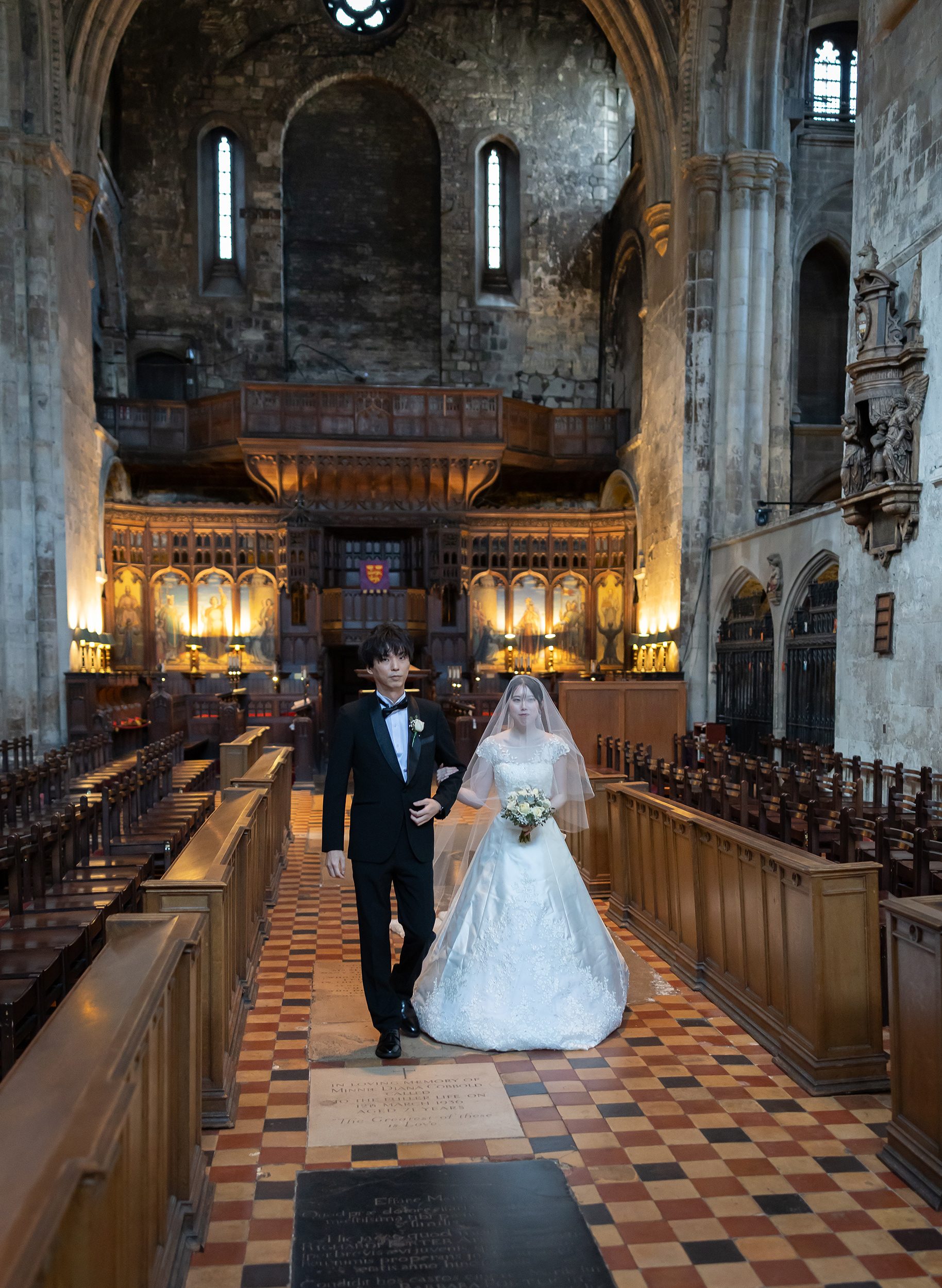 Bride and groom arrival down aisle Great St Barts