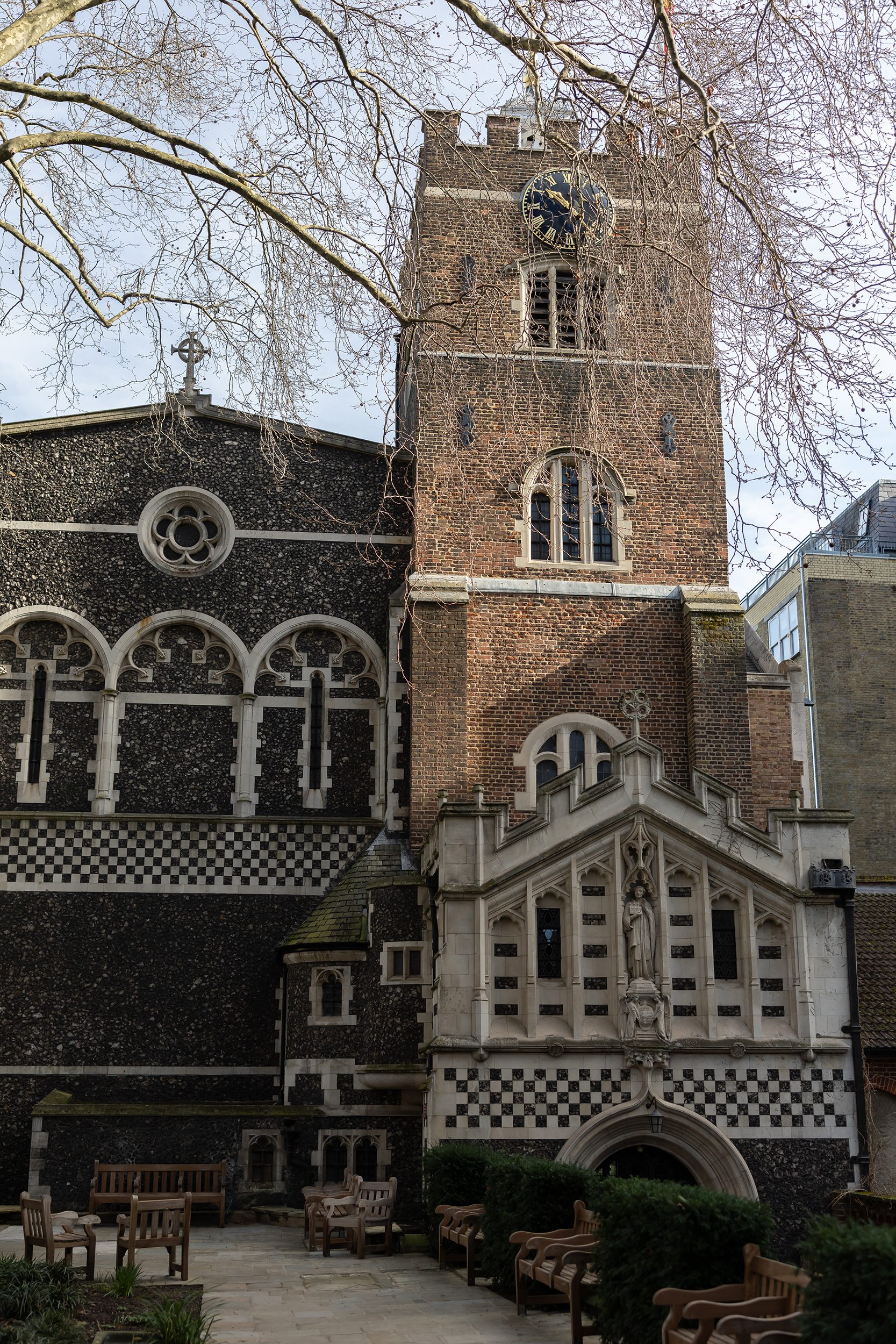 Outside of Great St Barts on a wedding day