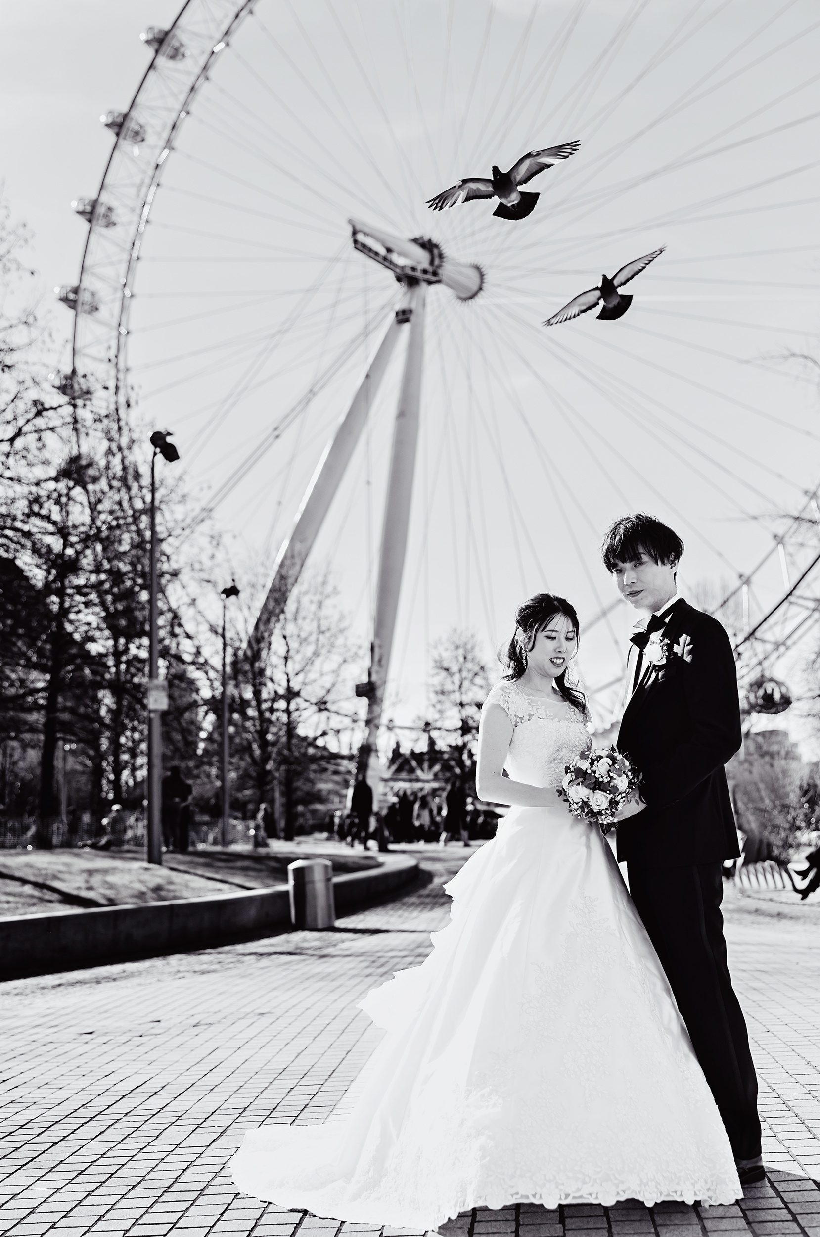 The love birds at London Eye black and white