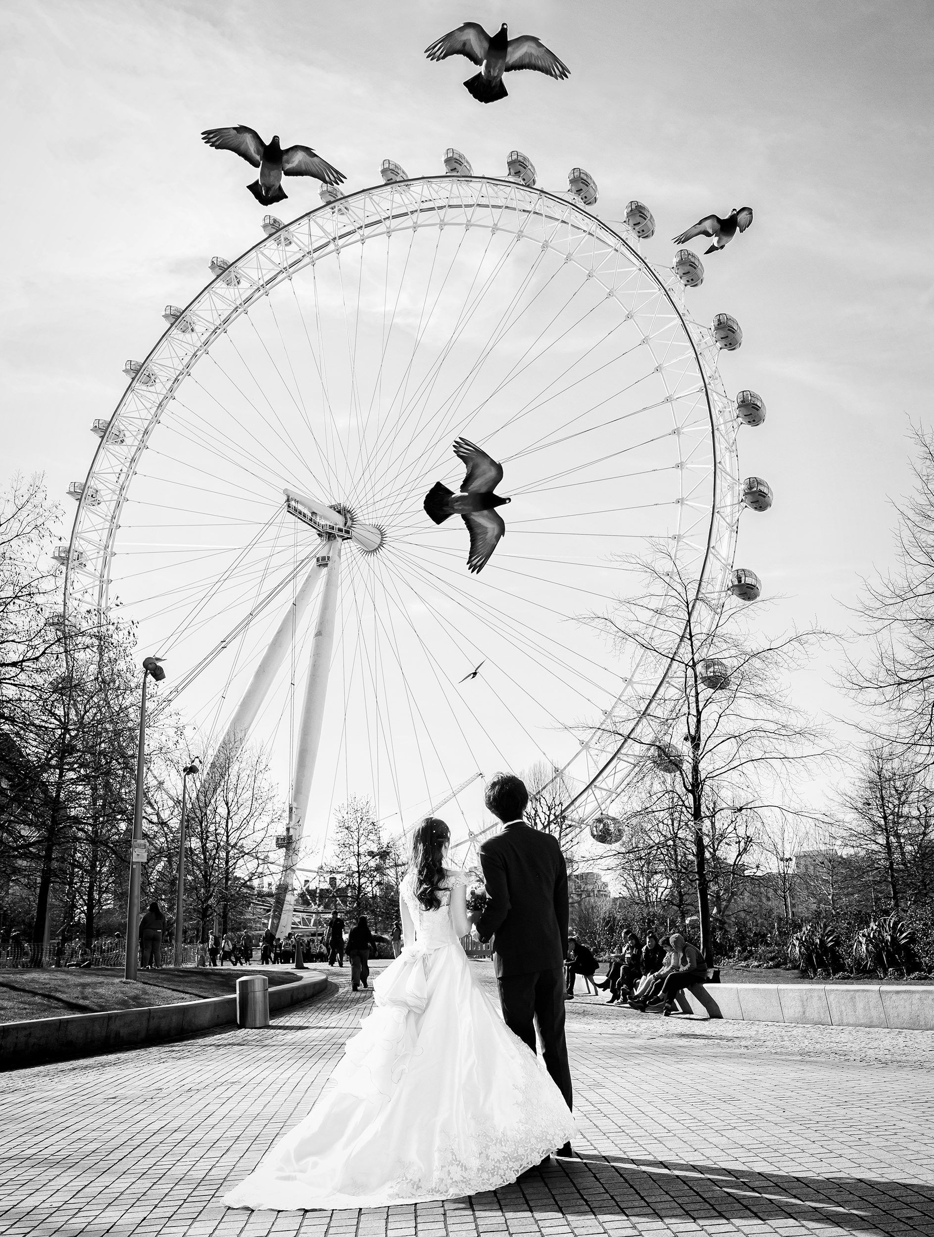 Wedding couple watch as birds fly past London Eye