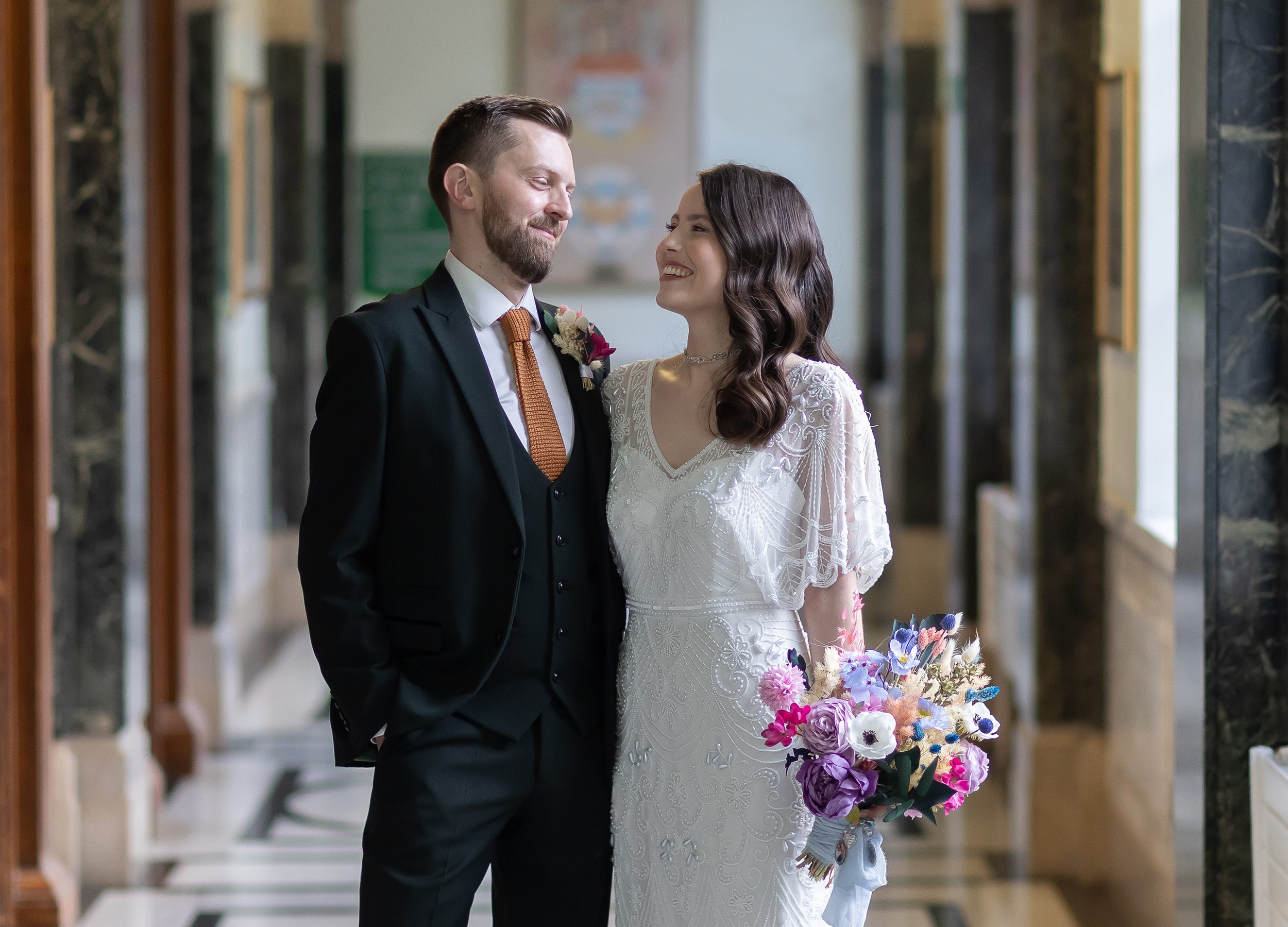 Bride and groom together at Islington Town Hall