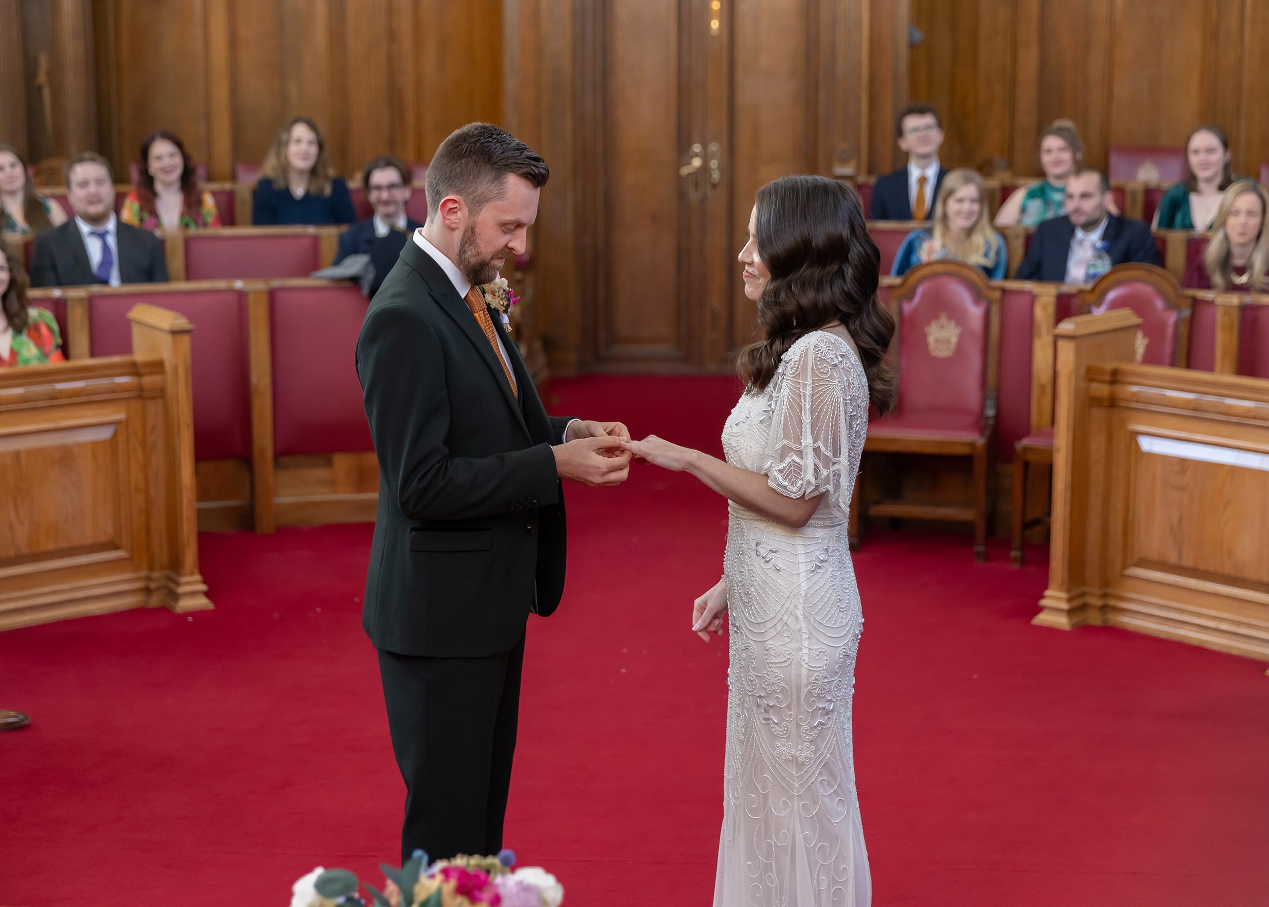 Exchange of rings Islington Town Hall wedding ceremony