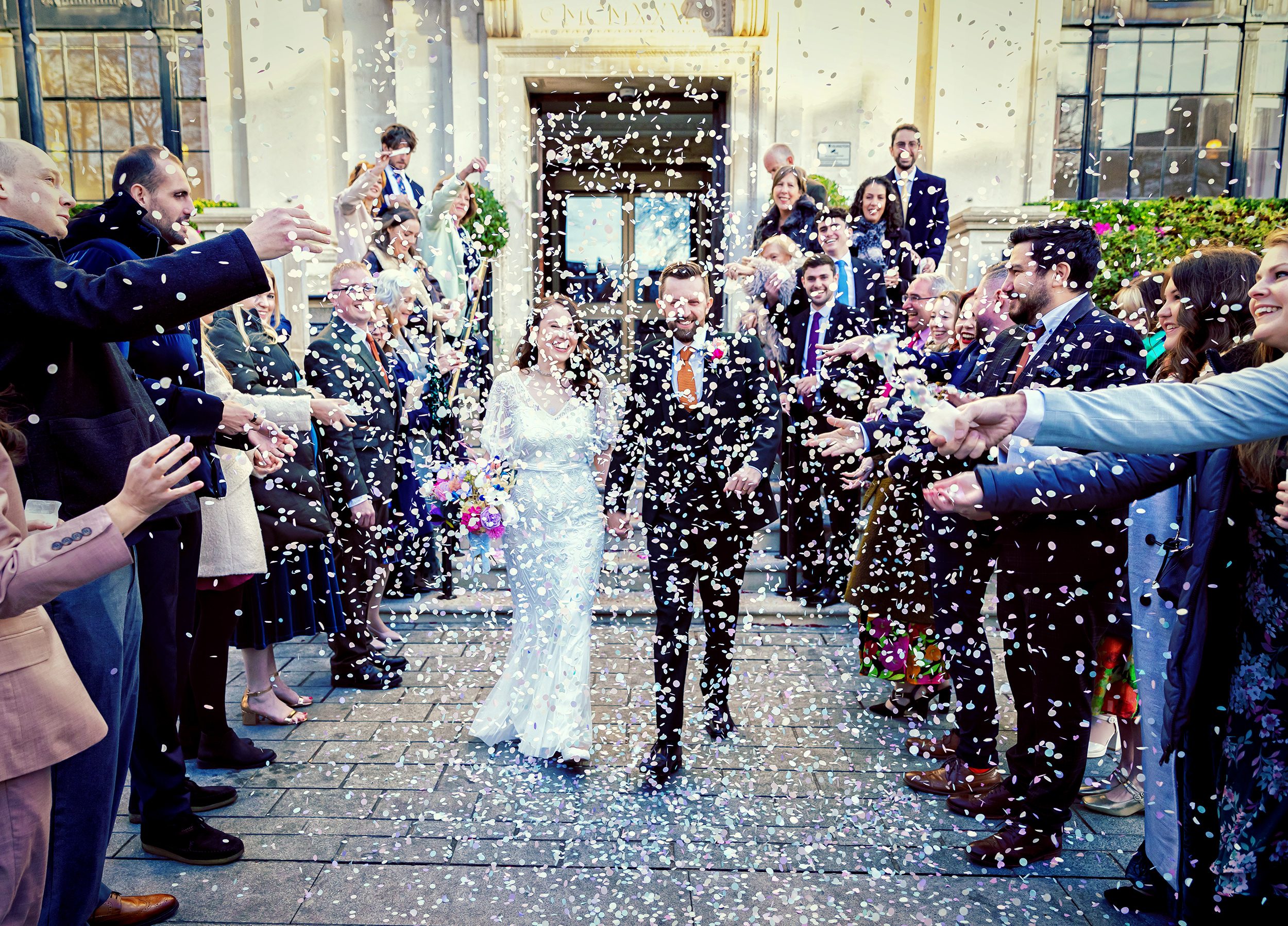 Wedding Confetti throw outside Islington Town Hall